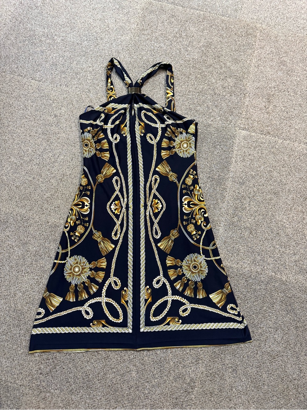 Cache Navy Dress with Gold Baroque Print